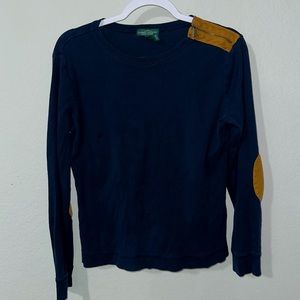Lauren Ralph Lauren Long Sleeve Top Navy Blue with‎ Brown Elbow Patches LG